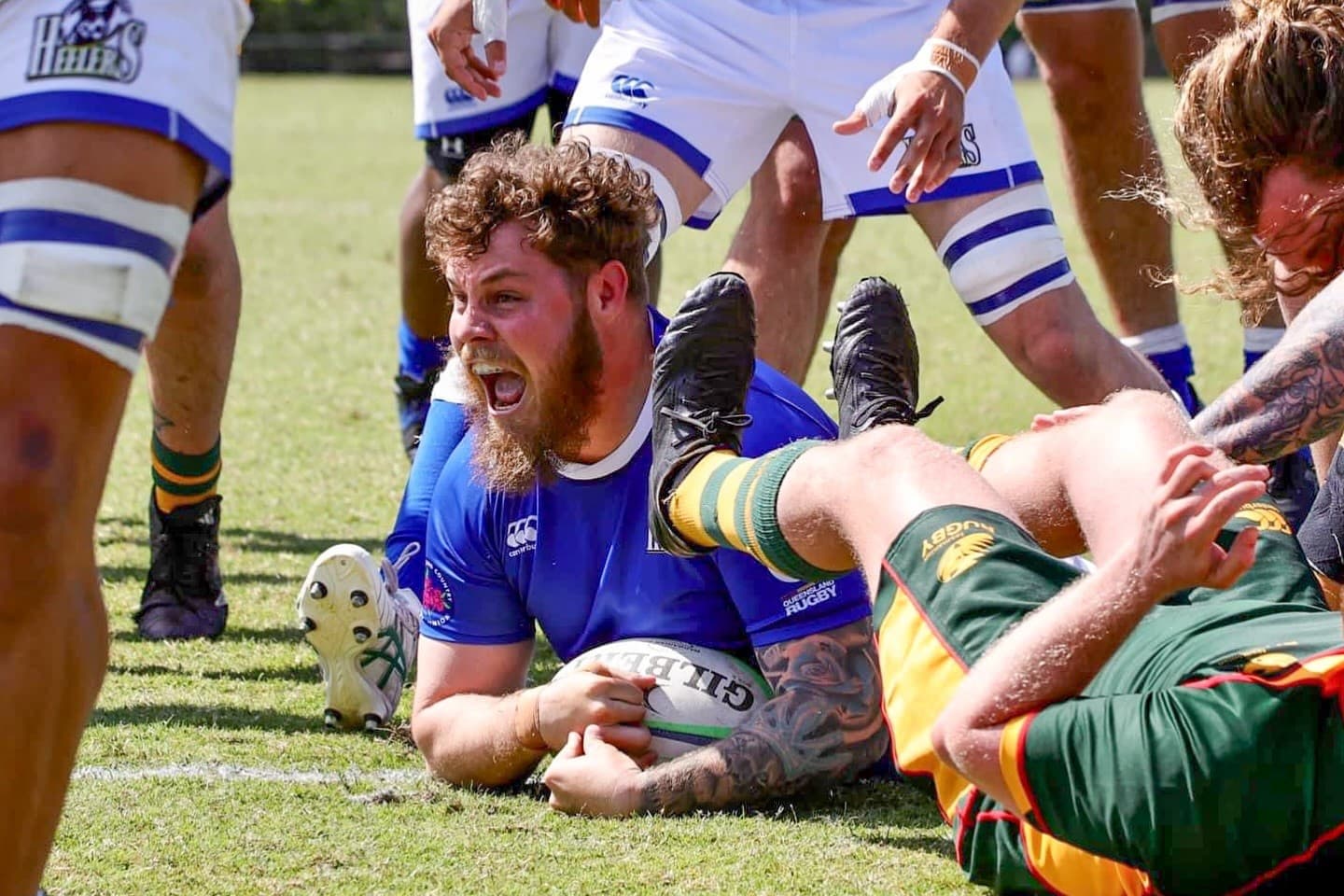 Queensland Country Heelers celebrate a try against Tasmania on Day 2 of the 2024 Australian Rugby Shield. Picture: QLD Country Rugby